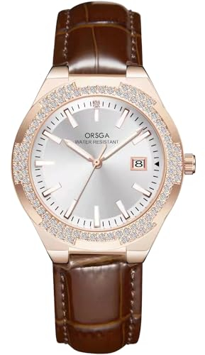 CIVO Uhr Damen Elegant Analog Damenuhr Wasserdicht Leuchtend Datum Minimalistic Armbanduhr Damen Klassische Braun Lederarmband Daimant Quarzuhr mit Roségold Gehäuse Geschenk für Frauen