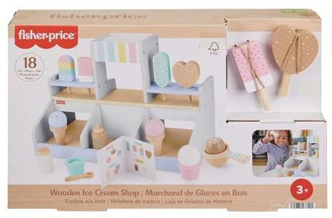 Fisher-Price - Gelateria in Legno, playset da 18 Pezzi in Legno tra Cui espositore, Gelati e ghiaccioli, Coni, coppette, Menu e cucchiai, Giocattolo per Bambini, 3+ Anni, HXV21