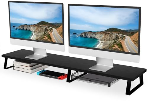 Aothia Großer Monitorständer mit Schublade,Wooden Dual Monitor Stand Riser,Bildschirmerhöhung,für Laptop/Computer/PC/TV, Schreibtischaufsatz mit Stauraum für Haushalt und Büro,Schwarz