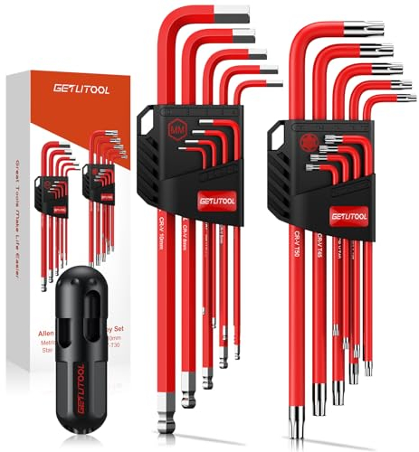 GETLITOOL Juego de llaves Allen largas, juego de 18 llaves Allen métricas Cr-V con mango en T, llave hexagonal de extremo de bola y juego de llaves Torx con tamaño marcado y soporte de almacenamiento