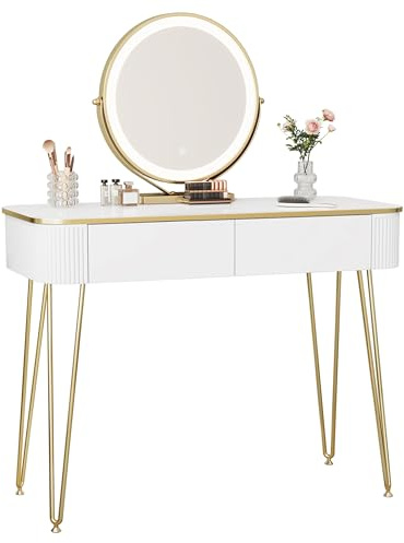 EUGAD Toeletta da Trucco con Luci LED, Luminosità Regolabile, Postazione Trucco con Specchio, 2 Cassetti in Legno, Piano Lucido 100x40 cm, Moderno, Bianco + Oro