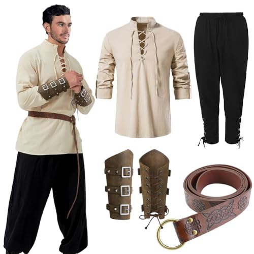 EUBSWA Vêtements de la Renaissance médiévale pour homme, chemise Viking, pantalon médiéval, costume avec ceinture, sangle de poignet, taille L