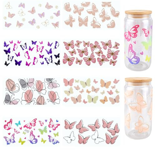 SOFPLATE 8 pièce 8 styles Film de Transfert pour Tasses en Verre Emballage en Vrac Plastique Transparent Assortiment de Motifs Animaux et Papillons Colorés Autocollants Imperméables pour Gobelets UV D