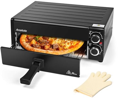 Anatole Horno de Pizza Eléctrico 12 1800W Pizzera Interior Tiempo Temperatura Ajustable Pizza Maker Multifuncional con Parrilla Bandeja Recogemigas Extraíble