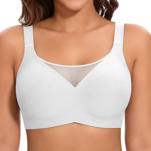 Cavotor Non Wired Bras for Women Seamless Push Up Bra T Shirt Soft Comfort Support Bras for Saggy Breasts Lace Wireless Bralettes with Bra Extender (White,M)