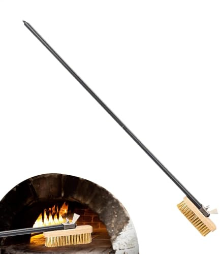 Bollisate Pizza ugnsborste med skrapa – pizzaugn borste mässingsborst värmebeständig stenborste | rostfritt stål rengöringsborste med skrapa långt handtag grillborste för pizzerior