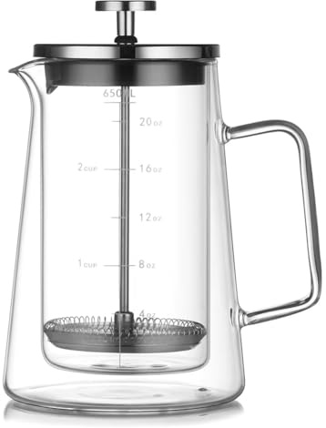 Nsssunnre Cafetera de Prensa Francesa de 650 Ml - Tetera de Vidrio de Borosilicato de Doble Pared, Cafetera con Filtro