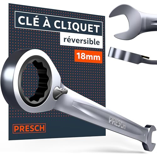 PRESCH Ratchet Spanner Reversible 18mm – Minimal Return Angle (4°, 90 Teeth) – 15° Offset for Tight Spaces – Precision-machined, Durable Ring Spanner - Metric Wrench
