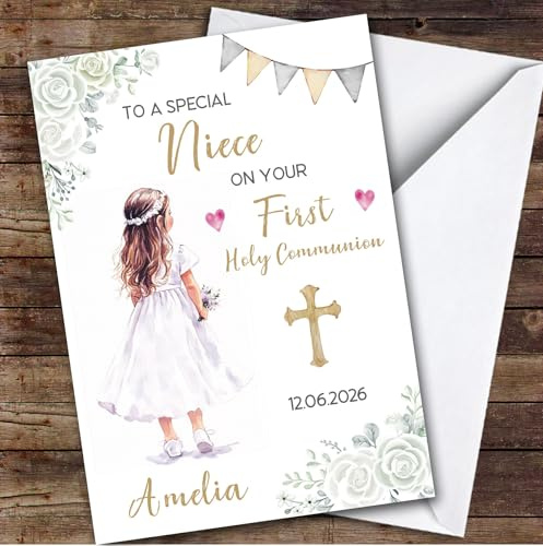 Personalized First Holy Communion Card For Niece Little Girl White Flowers | Custom Greetings Card For First Holy Communion Any Text