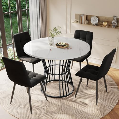 Matgrupp (5 delar) med runt matbord med stolar, modernt köksbord 100 cm diameter, vit MDF-bordsskiva, svarta metallben, sammetsmatstolar, perfekt för matsal