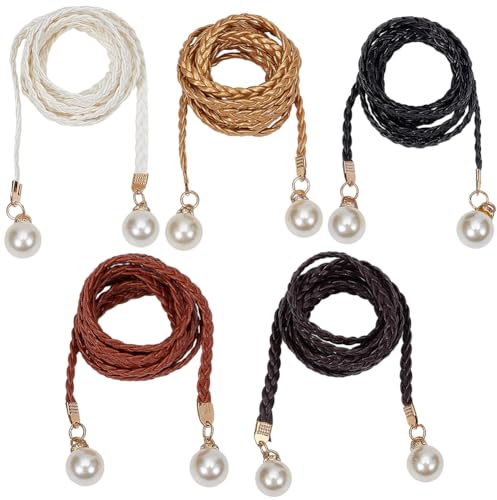 CABODYALS 5 pz Cintura in Pelle Intrecciata A 5 Colori con Cordino in Vita e Catena in Corda Intrecciata Sottile con Perline Rotonde Cinture Avvolgenti in PU per Pancia in Vita per Abiti alla Moda da
