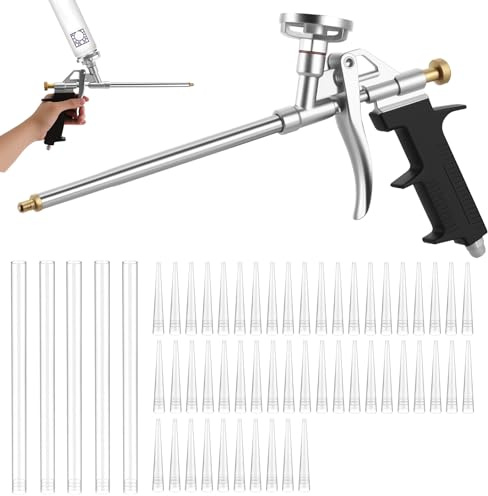 Pistola de espuma de poliuretano, 2 unidades, pistola de espuma de construcción, pistola dosificadora para sellar, rellenar, con 5 boquillas largas y 50 boquillas cortas, no necesita limpiador
