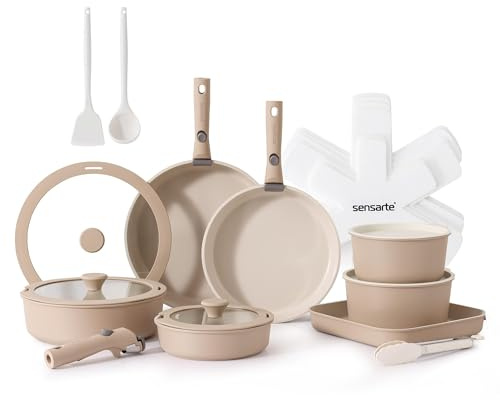 SENSARTE Nonstick Kastrullset med Avtagbart Handtag, Stekpanna Set med Lock, Köksredskapsset för Induktion, Lämplig för Alla Spisar (Beige, 24 pezzi)
