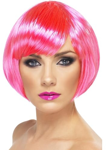 Smiffys Babe Wig, Neon Pink Short Bob with Fringe, Ladies Glamour Wigs Fancy Dress, Adult Dress Up Wigs