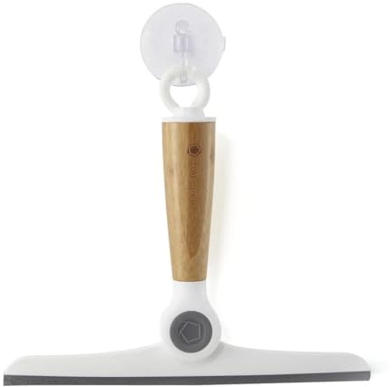 Full Circle Limpiacristales Giratorio Espátula para Ventanas, Cristales, Espejos y Mamparas de Ducha | Espátula para Limpieza de Baño | Mango Ergonómico de Bambú | Incluye Ventosa