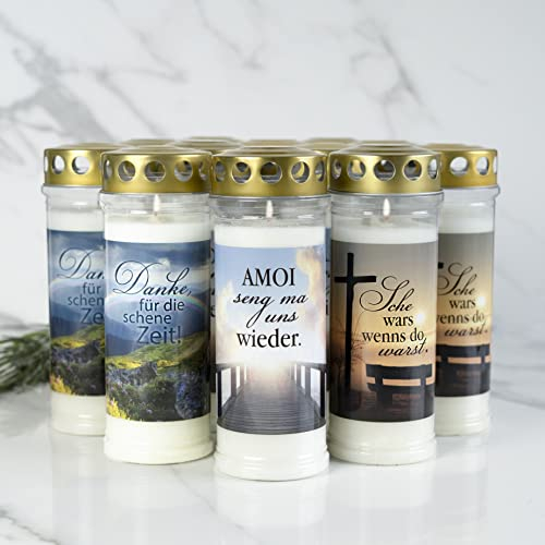 12er Set HOFER GRABKERZEN 7 Tage Brenndauer - Das Original [Mundart Select] Trauerkerzen mit Deckel | Grablicht, Friedhofskerze mit Motiv und Spruch | Kerzen für Grabdeko und Grabschmuck