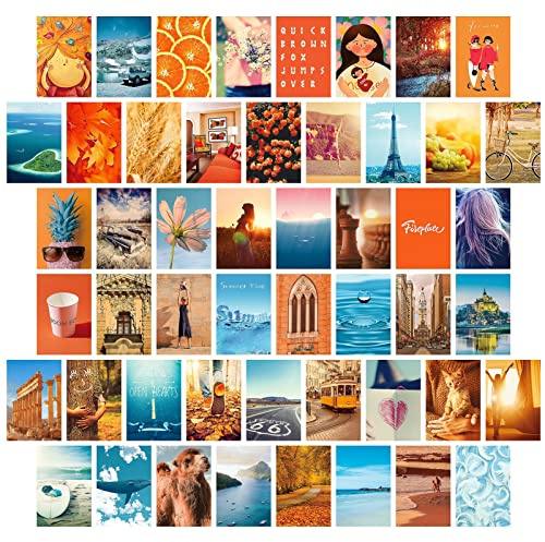 jiuzcare Tarjetas Decorativas de Papel, Set de 50 Postales Decorativas Estilo Naranja y Azul Paisaje Aesthetic para Decoración de Pared, Habitación, Dormitorio y Collage de Pared, Decoración Natural