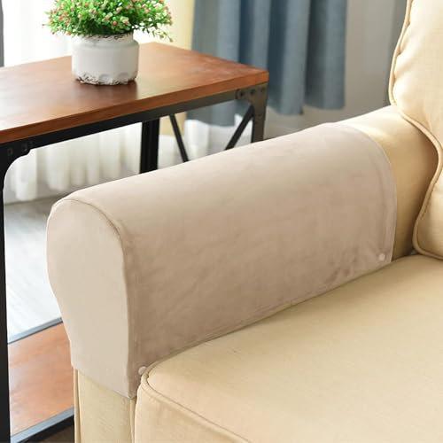 Set of 4 Armrest Covers, Sofa Stretch Armchair Covers, Anti-Slip Furniture Protector Slipcovers, Soft Velvet Couch Arm Covers for Sofa Recliner Chair,Sandy