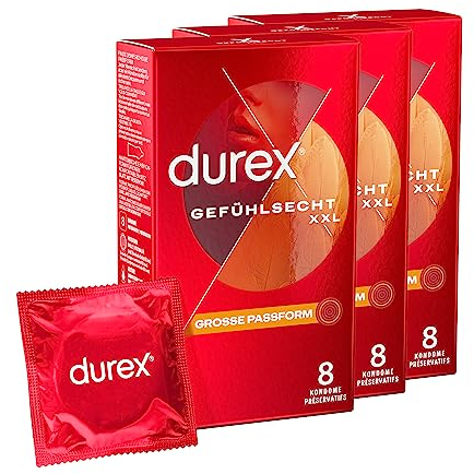 Durex Gefühlsecht XXL Kondome – Dünne Kondome mit großer Passform & mit Silikongleitgel befeuchtet – 24erPack (3 x 8 Stück)