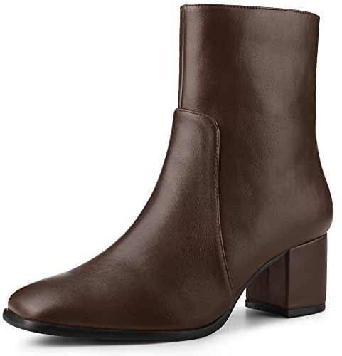 Allegra K Women's Square Toe Side Zip Block Heel Coffee Ankle Boots 8 m US