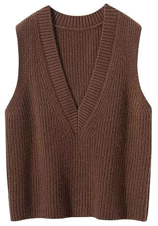 DISSA Pull Cachemire sans Manche Femme Col V Marron Solide Couleur Tricoté en Vrac épais Pull en Cachemire et Laine,40,ZSBR8368