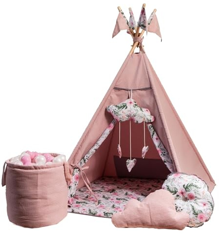 GOLDEN Kids Tent Tepee con alfombrilla de suelo, cojines y pelotas, tienda de campaña Tipi para habitación infantil, tienda Tipi para niñas, tienda de campaña para niños, casa de juegos para niños,