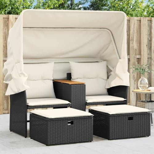 ShGaxin Canapé de jardin 2 places avec auvent et tabourets en rotin PE noir, canapé de jardin, terrasse, meubles de jardin extérieur - 365800