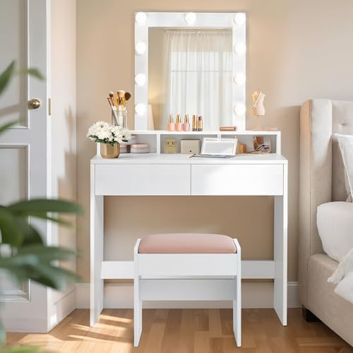 VASAGLE Schminktisch mit LED-Beleuchtung, Sitzhocker, Kosmetiktisch mit 2 Schubladen und 3 offenen Fächern, Makeup-Hocker aus Samt, für Schlafzimmer, weiß und mattweiß-pastellrosa RDT714W01