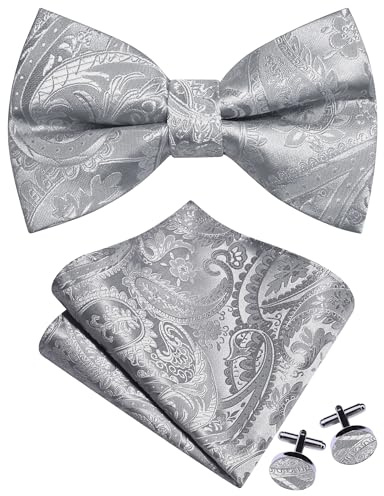 GUSLESON Silver Grey Bow Tie Set for Wedding Pre-Tied Solid Paisley Bowties Pocket Square Cufflinks for Men (0489-07)