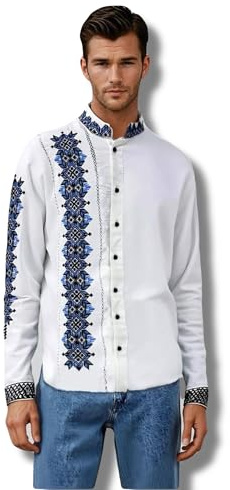 Generisch Camicia ricamata ucraina bianca premium da uomo - Vyshyvanka tradizionale con motivo a punto croce blu, bianco, S