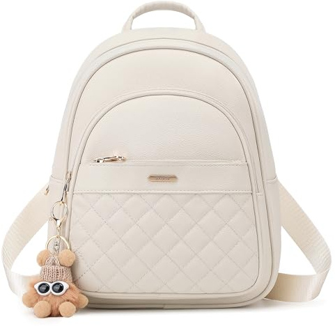 BAGOK Zainetto Donna Mini – Elegante Zaino Piccolo da Donna in Similpelle con Motivo Trapuntato, Ciondolo Peluche & Nappa – Zaino per Donne e Ragazze per Quotidiano, Viaggio & Scuola（Bianco Panna）