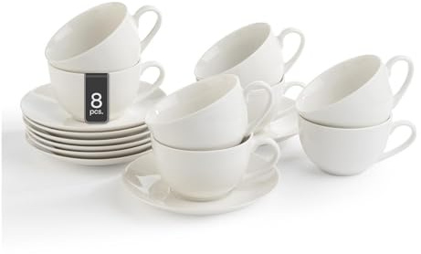 Home4You Cappuccinotassen mit Untertasse - 220 ml - Weiß - Bone China - 8er Set