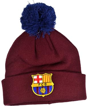 Hy-PRO Berretto con Pompon per l'inverno con Licenza Ufficiale Barcellona, con Design Tradizionale con Pompon, per Uomo e Donna, Rosso con Logo