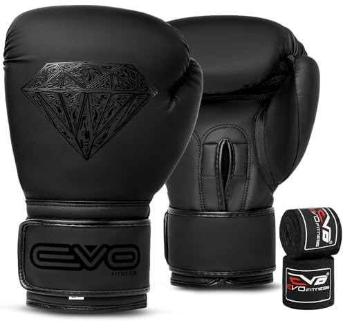 EVO Maya Hide Leder-Boxhandschuhe für MMA-Boxsack, Sparring, Muay Thai, Kickboxen, Kampftraining, inkl. Handbandagen, Schwarz/Diamant, matt, 284 g (Schwarz, 14 OZ)