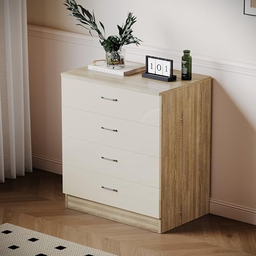 ELEGANT Chest of Draws for Bedroom Modern High Gloss 4 Spacious Drawer Chest with Metal Handles for Bedroom or Home Storage Organizer, CREAM/OAK