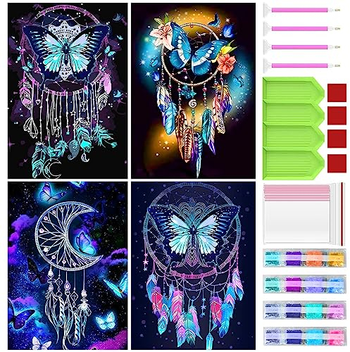 UNIVERTEN Diamond Painting Set, 4er Diamant Painting Bilder, DIY 5D Diamant Painting Kinder Erwachsene, Diamant Malerei Kits, Kristallartiges Kreuzstichset für Home Wall Décor, Traumfänger(30×40cm)