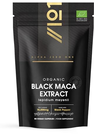 Organic Black Maca Root 15,000mg with Black Pepper – Peruvian Black Maca Supplement for Men - 90 Vegan Capsules (3 Months Supply) – Resealable and Recyclable Pouch by Alpha01
