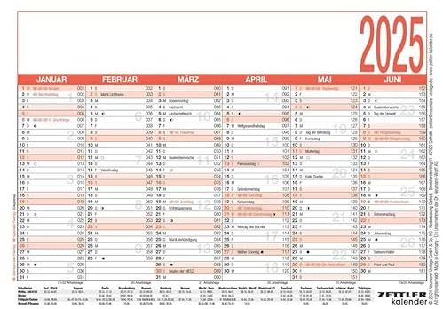 Zettler - Arbeitstagekalender 2025 weiß/rot, 14,8x10,5cm, Plakatkalender mit Monatsübersicht, 6 Monate auf 1 Seite, Ferientermine, Arbeitstage-, Tages- und Wochenzählung und deutsches Kalendarium