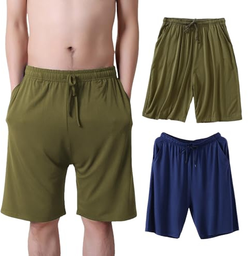 Jamron Hombre Tallas Grandes Pack de 2 Pantalones Cortos de Pijama Elástico Ligero Pantalones Cortos para Dormir en Casa con Bolsillos Verde Militar + Azul Marino 5XL