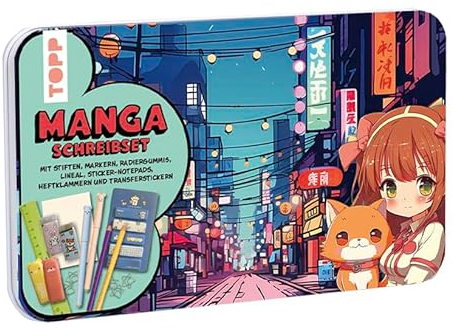 Manga Schreibset: Stifte, Marker, Radiergummi, Lineal, Heftklammern, 2 Transferstickerbogen, Haftnotizen