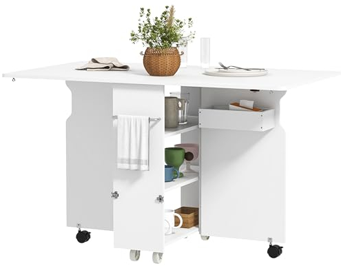 HOMCOM Tavolo a Ribalta con Ripiani a 3 Livelli, Box Portaoggetti e Rotelle, Tavolo Pieghevole in MDF, 130x80x76.5 cm, Bianco