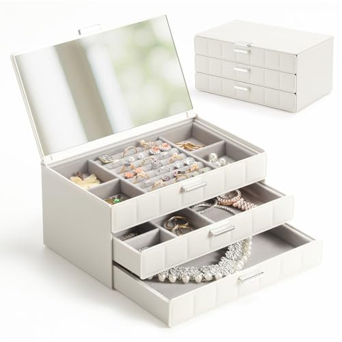 LAMU Jewellery Box for Women, 3-Layer Jewellery Organiser with Mirror, Waterproof & Dustproof No Cracking, Imitation Leather Plastic Jewellery Storage for Earrings, Rings, Necklace, Bracelet, White