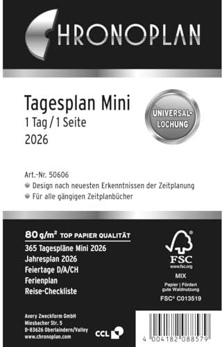 Chronoplan 50606 kalenderinlägg 2026 (dagsplan mini (79 x 125 mm), ersättningskalendarium för mötesplanerare, dagsplanerare, perfekt för detaljerad dagplanering, 1 dag på 1 sida, med universell hål