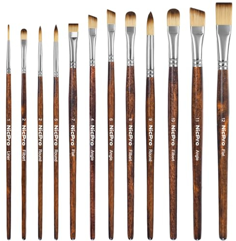 Nicpro Lot de 12 pinceaux pour peinture acrylique, peinture acrylique, huile, aquarelle, gouache, tempéra, visage, corps, tissu, modèle, fournitures artistiques pour artistes débutants (bois)