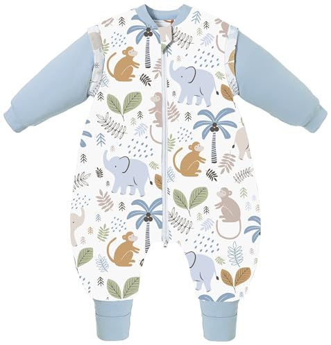Chilsuessy Baby Winterschlafsack Schlafsack mit Füßen Warm Kinder Ganzjahres Winter Schlafsack Schlafanzug für Jungen Mädchen,abnehmbar Ärmel, Elefante/2.5 Tog, 80/Baby Höhe 90-100cm