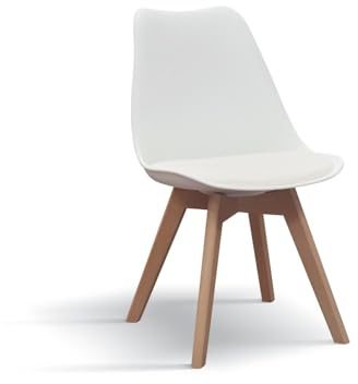 KONTE.DESIGN | WYNWOOD - Juego de 4 sillas de Polipropileno, cojín de Piel sintética, Patas de Madera de Haya, 47 x 52 x 82 cm, Color Blanco