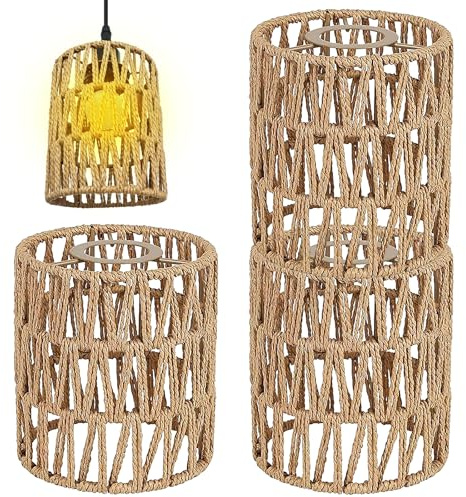 3 Stück Lampenschirm Rattan Boho, Ersatz Lampenschirme aus Korbgeflecht (H 15cm) für Hängelampe, Stehlampe, Tischlampe, Pendelleuchte und Deckenleuchte, Boho Lampenschirm Zubehör