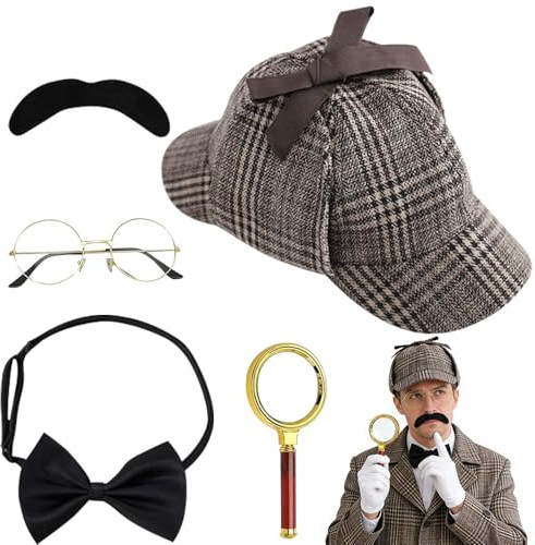 PLLYPE Set di accessori per costume da detective, 5 pezzi, costume da sherlock Holmes, detective cosplay, con cappello da detective, occhiali in metallo, lente d'ingrandimento da uomo, per bambini