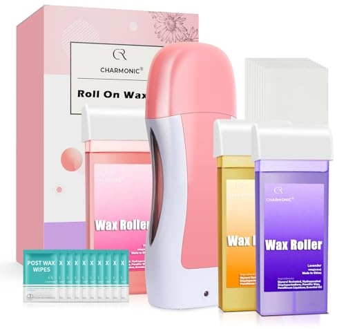 Roll On Wax Kit, Portable Wax Roller Kit for Coarse/Fine Hair Removal, Beginners Waxing Roller for All Skin Types with 3 Pcs 100g Roll Cartridge, 100Woven Strips & 10 After Oil Wipes (F3_LightPink)