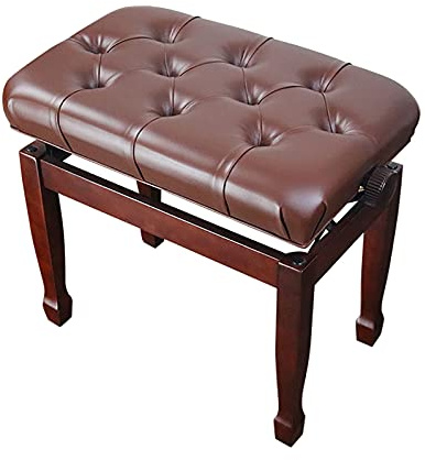 Pianopall mjuk pianopall i äkta läder justerbar pianobänk med massivt hårt trä, 55 x 34 x 47-57 cm, brun,